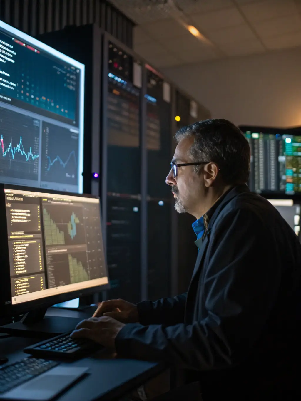 A data scientist is working on a machine learning model on a laptop, with visualizations of data patterns in the background, representing AI is OK's Machine Learning Implementation service.