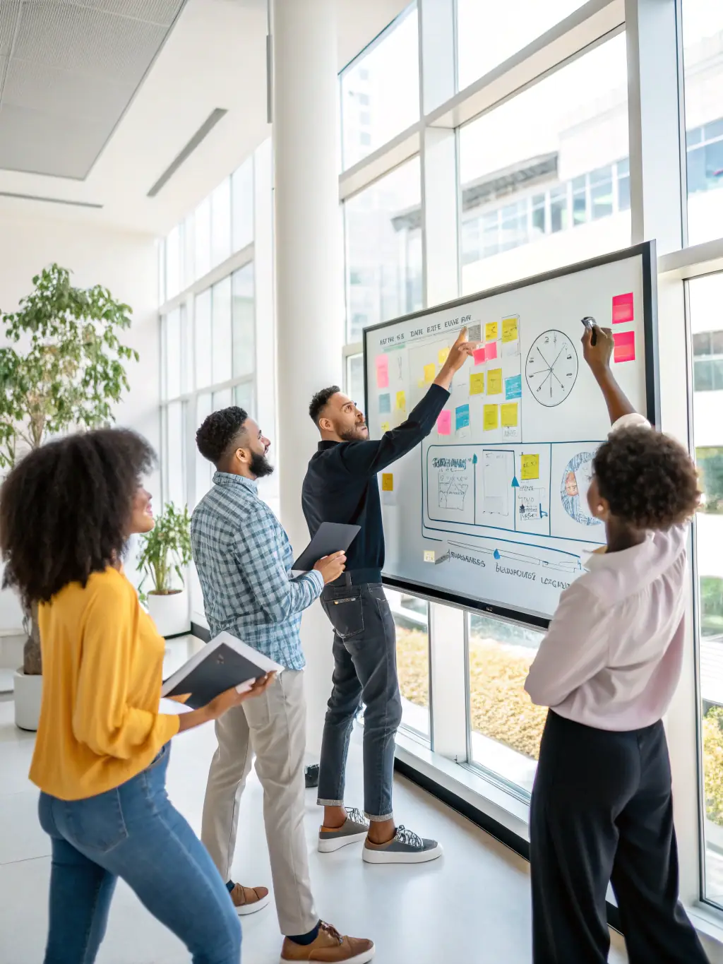 A diverse team is brainstorming AI solutions in a collaborative workspace, emphasizing AI is OK's collaborative and innovative approach to AI consulting.