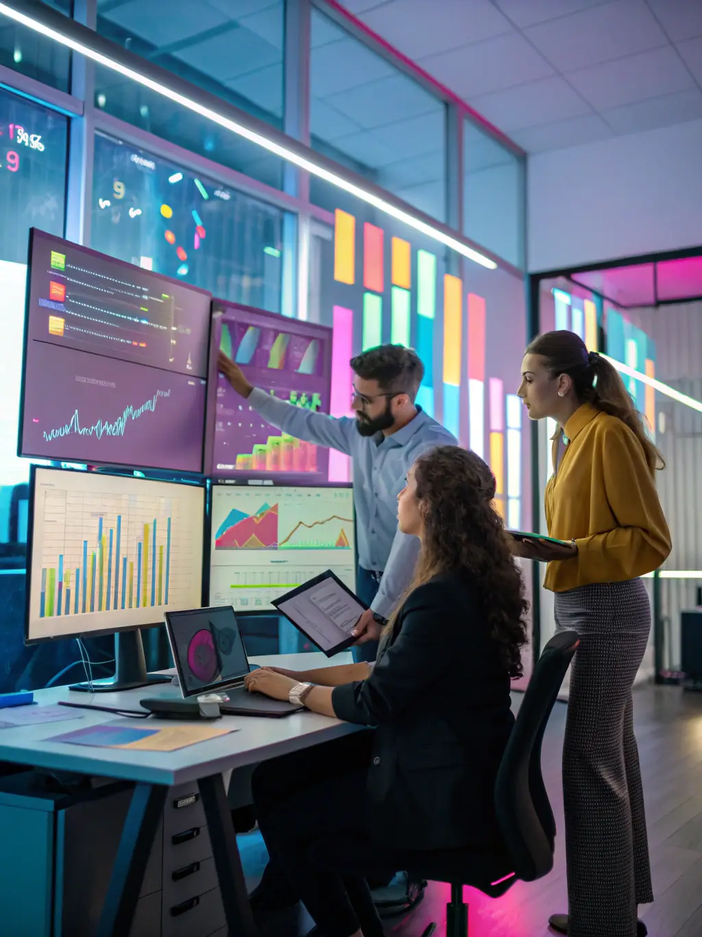 A team of analysts is examining data visualizations on a large screen, highlighting key insights and trends, representing AI is OK's Data Analysis and Insights service.