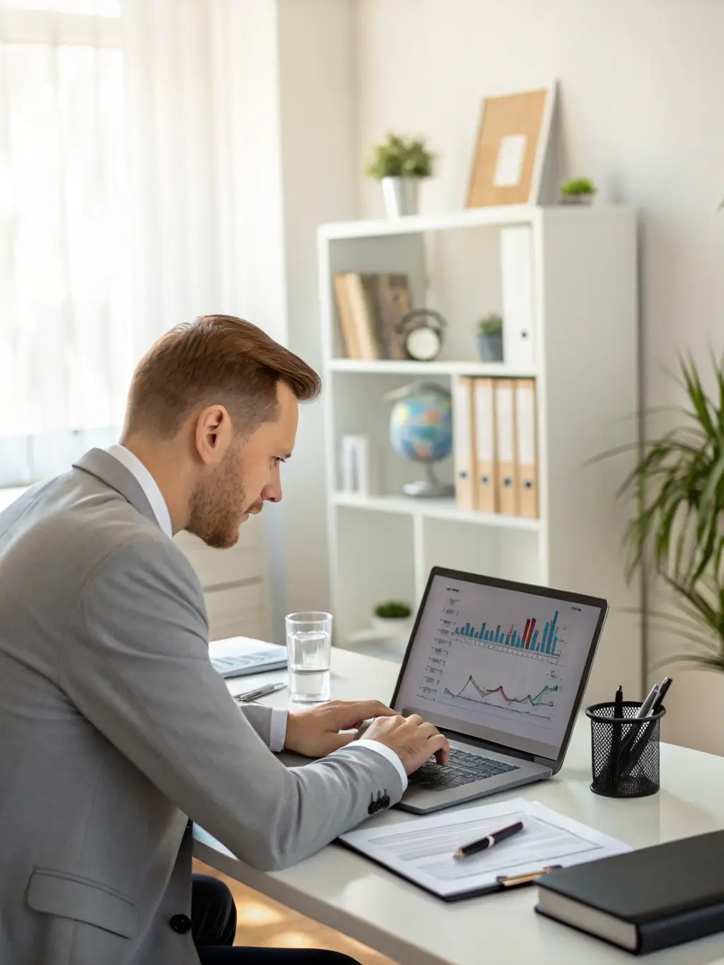 A detailed image of a model-based agent, shown as a consultant analyzing market trends on a dashboard, using past data to predict future outcomes.