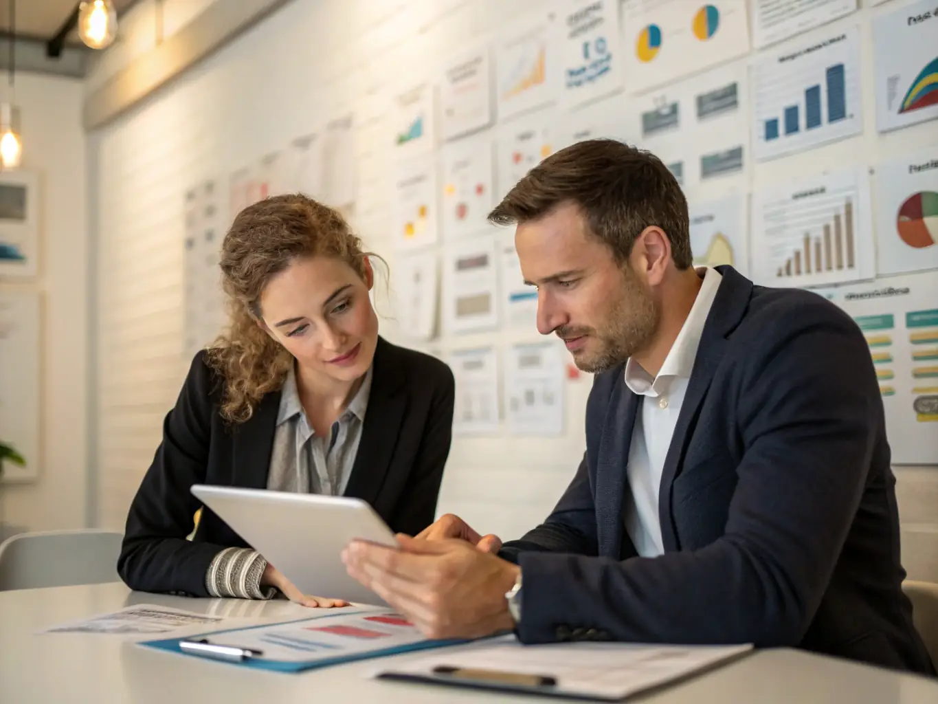 A consultant working with a client in a modern office, discussing AI solutions on a tablet, with data visualizations displayed on a large screen in the background.