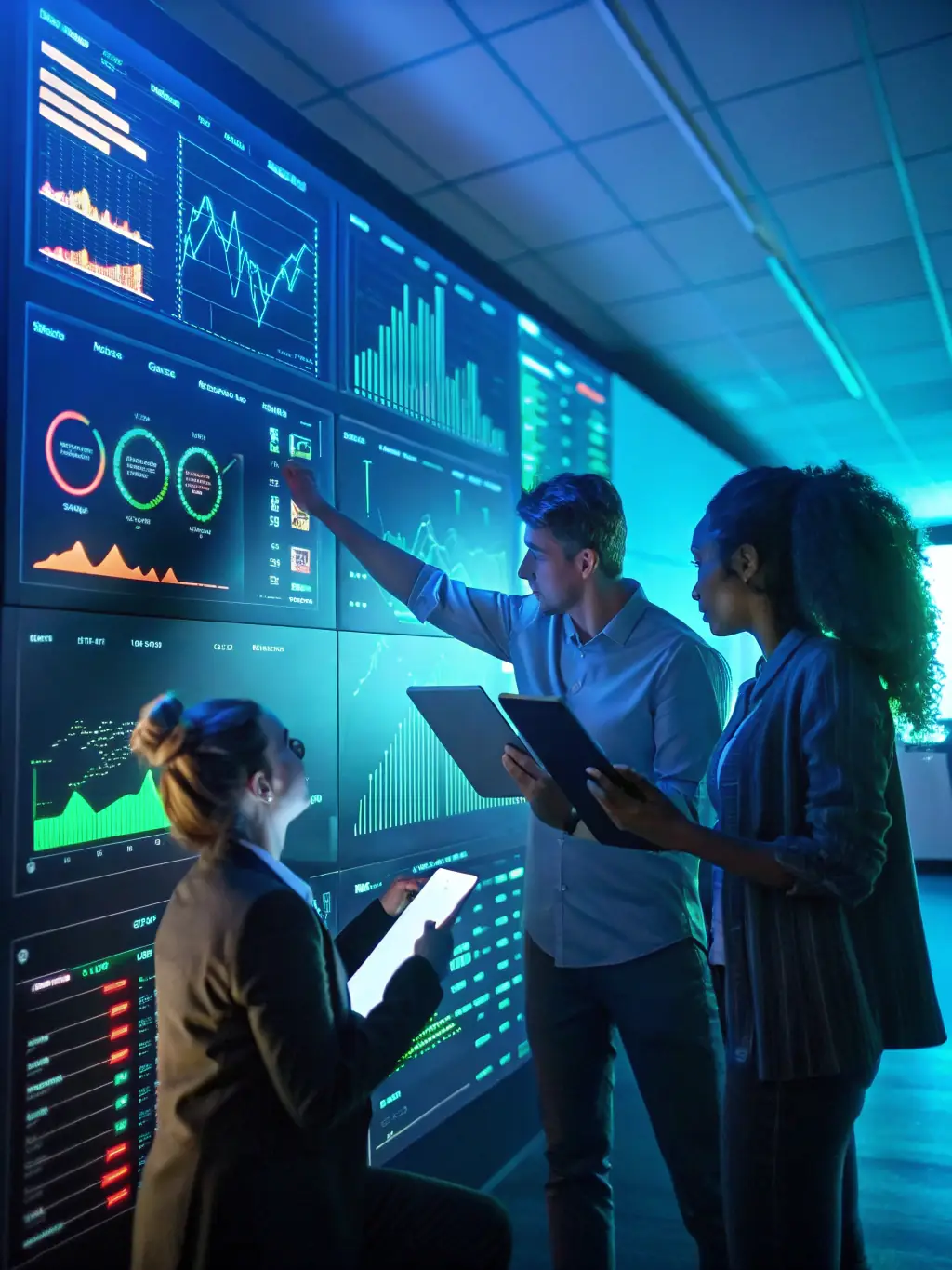 A diverse team of professionals collaborating around a large screen displaying chatbot analytics and performance metrics, emphasizing the data-driven insights provided by AI chatbots.