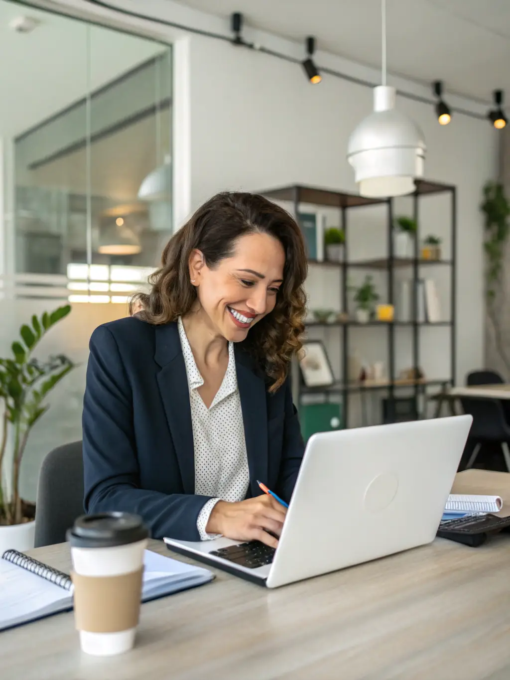 A professional woman in a business suit smiles confidently while interacting with a chatbot interface on her tablet, showcasing the ease of use and efficiency of AI chatbots in business settings.